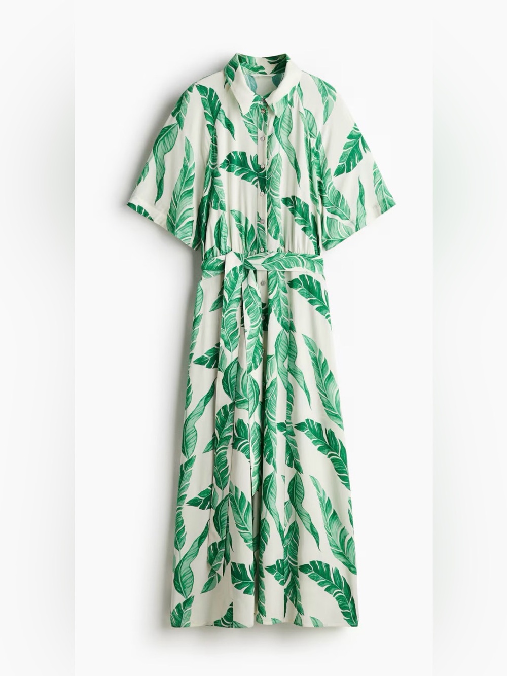 H&M Cream Maxi Shirt Dress with Green Leaf Print